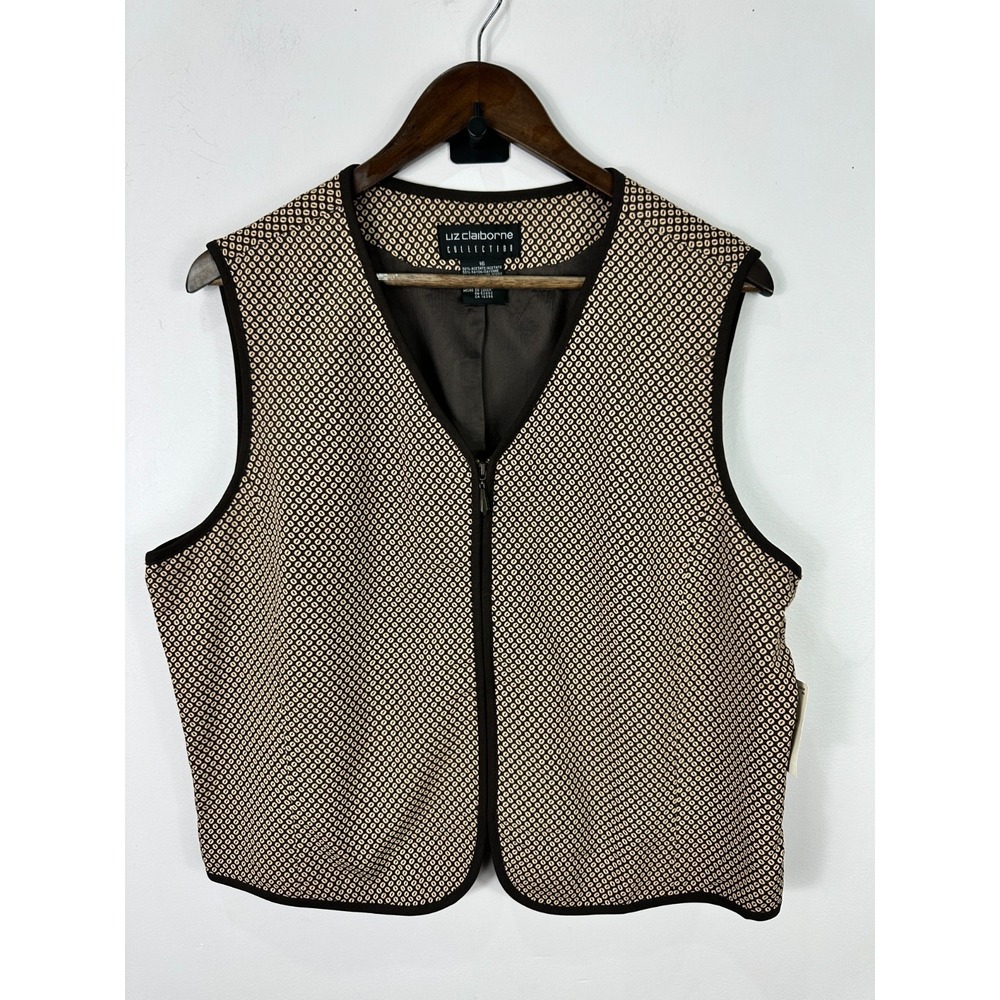 Vintage Liz Claiborne Collection Geometric‎ Zip Vest Brown Tan Cream Size 16 NWT